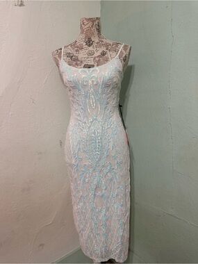 Crystal Doll Iridescent White Sequin Midi Dress size medium sleeveless fancy